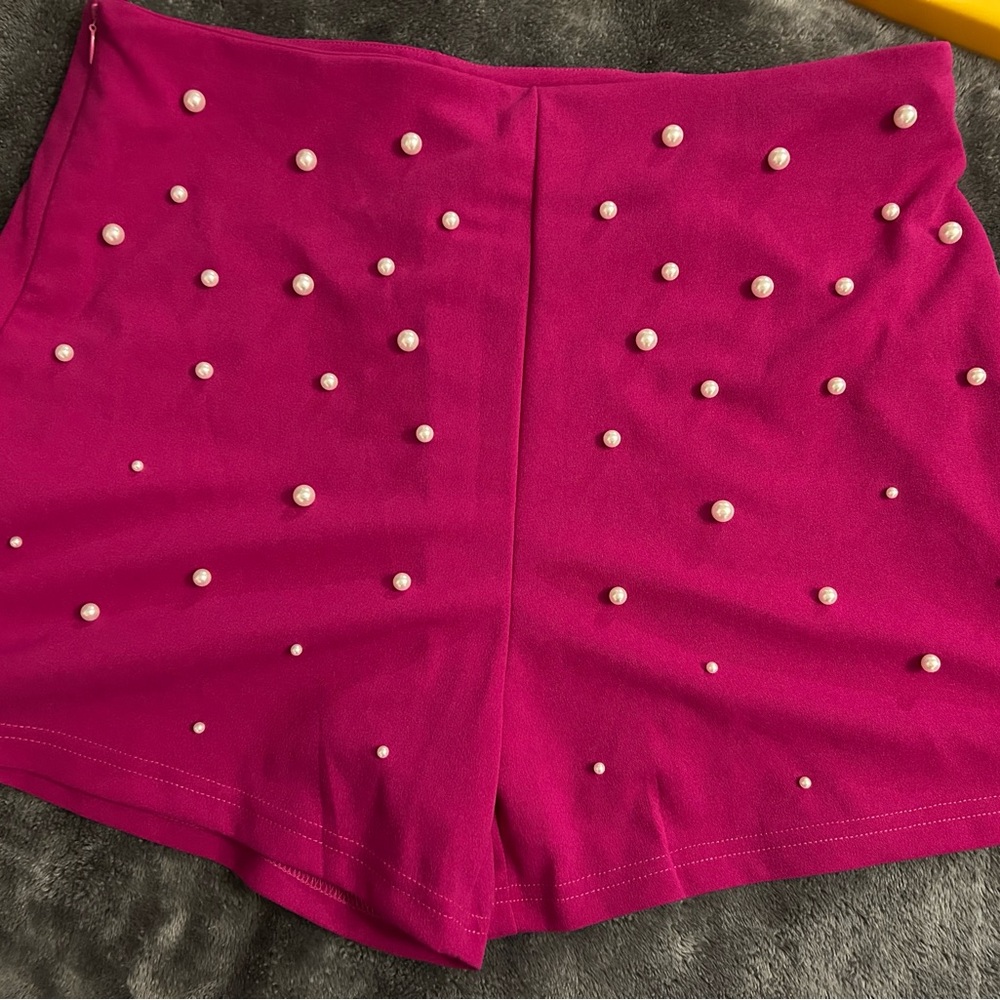 SHEIN Fuchsia Pearl Embellished High Waist Shorts New